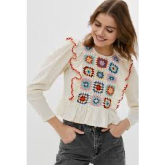 Topshop Cream Granny Square Long Sleeve Ruffle Size 8 Top - Picture 2 of 7